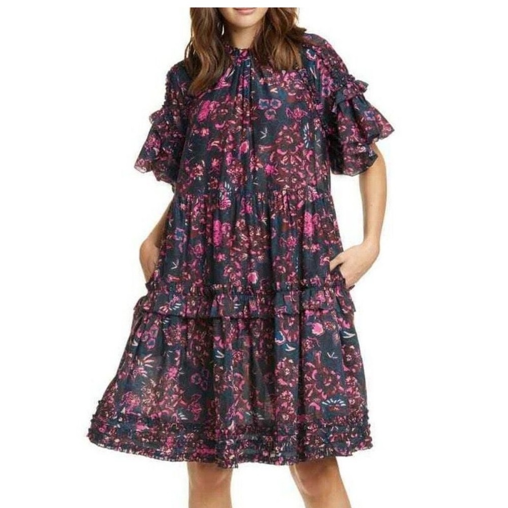 Ulla Johnson autumn fawn abstract Floral tiered ruffle Black and Pink Dress